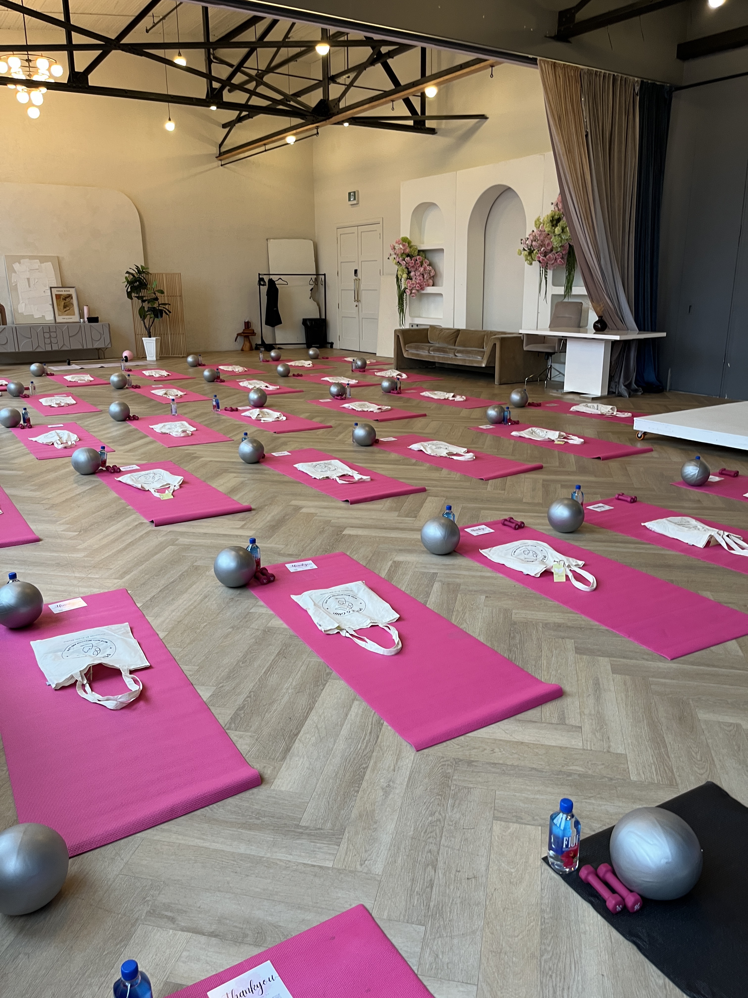 Studio set up with pink mats and stability balls for an event