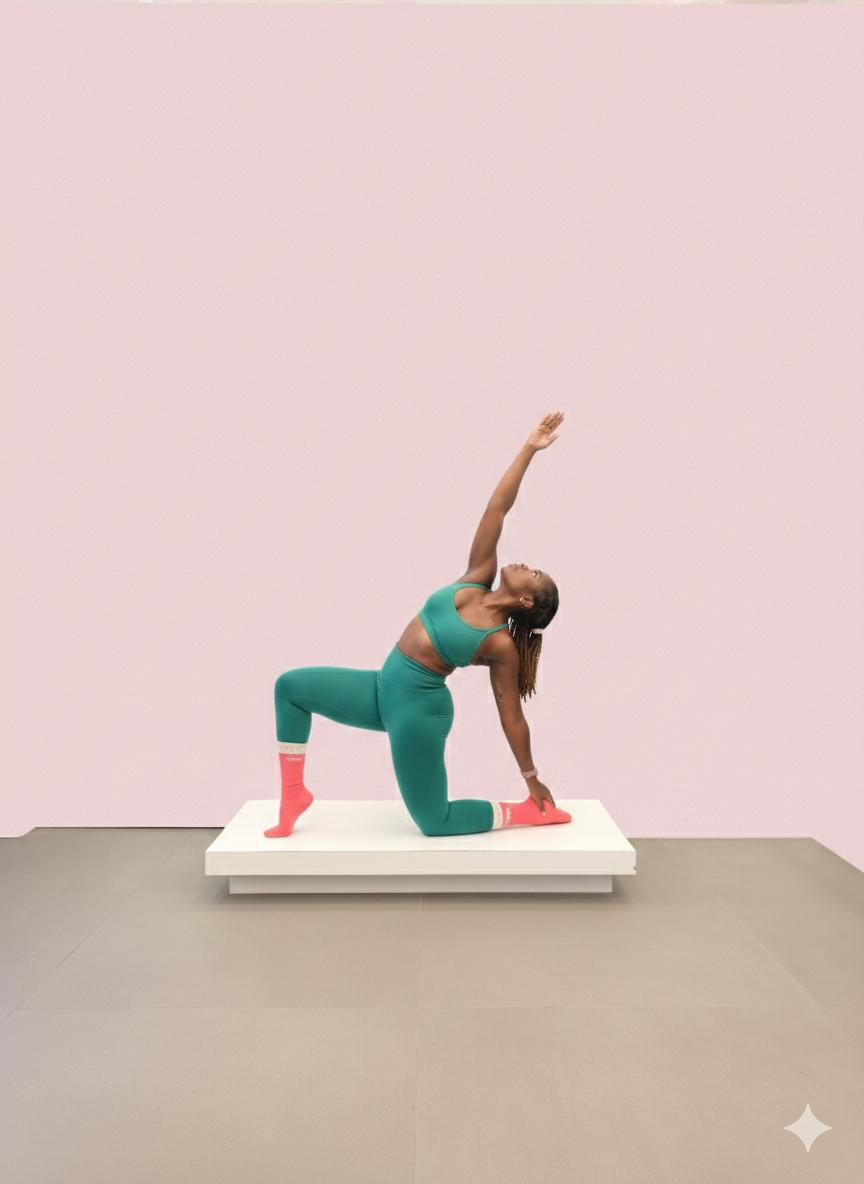 Rolake Fakunle in a pilates lunge pose